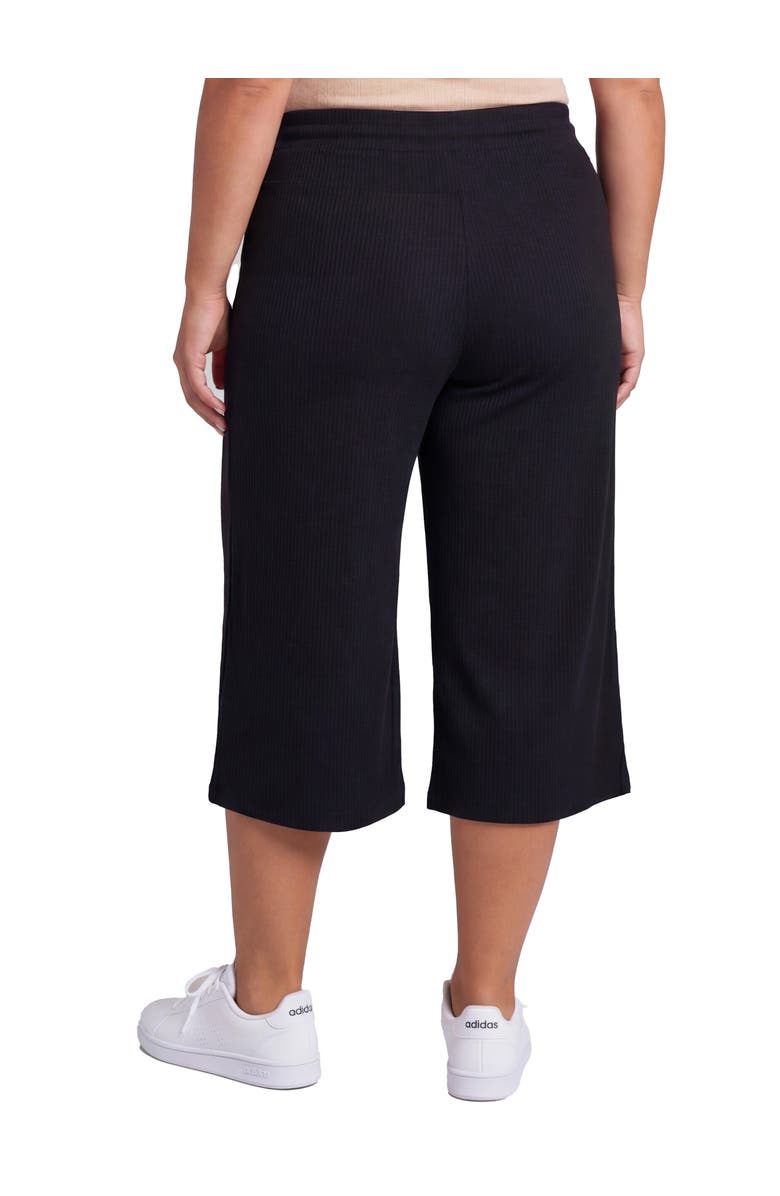 24seven Comfort Apparel Curvy Basic Ribbed Knit Drawstring Flared Capri Pants, Alternate, color, Black
