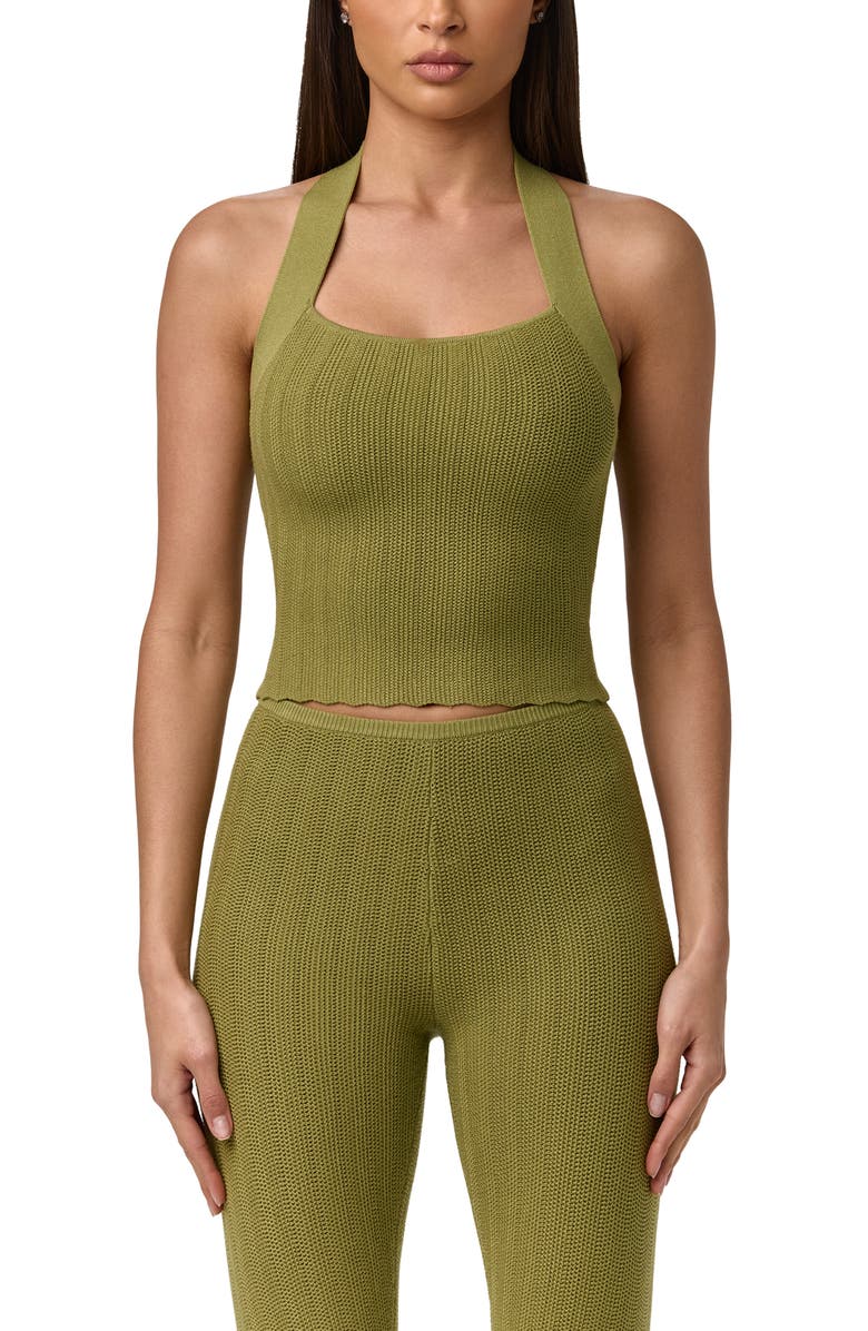 Naked Wardrobe Crop Knit Halter Top, Main, color, Sage