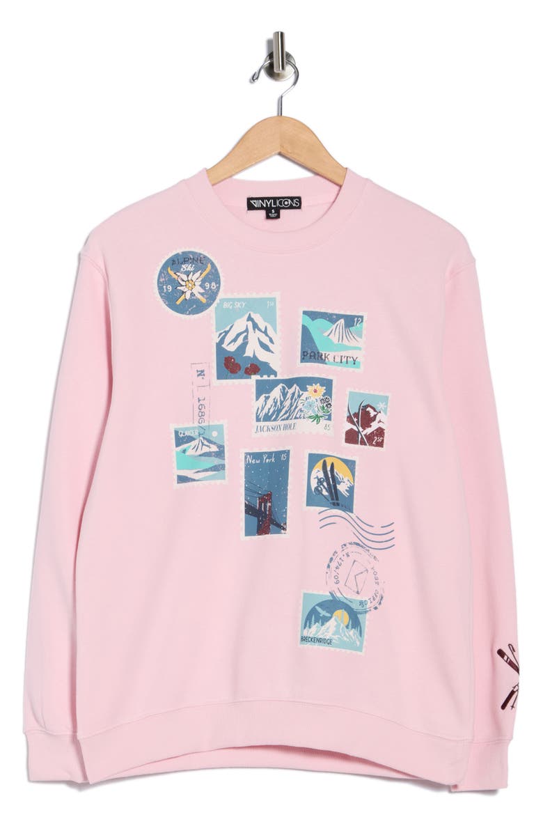 Vinyl Icons Ski Stanos Fleece Crewneck Sweatshirt, Main, color, Pink