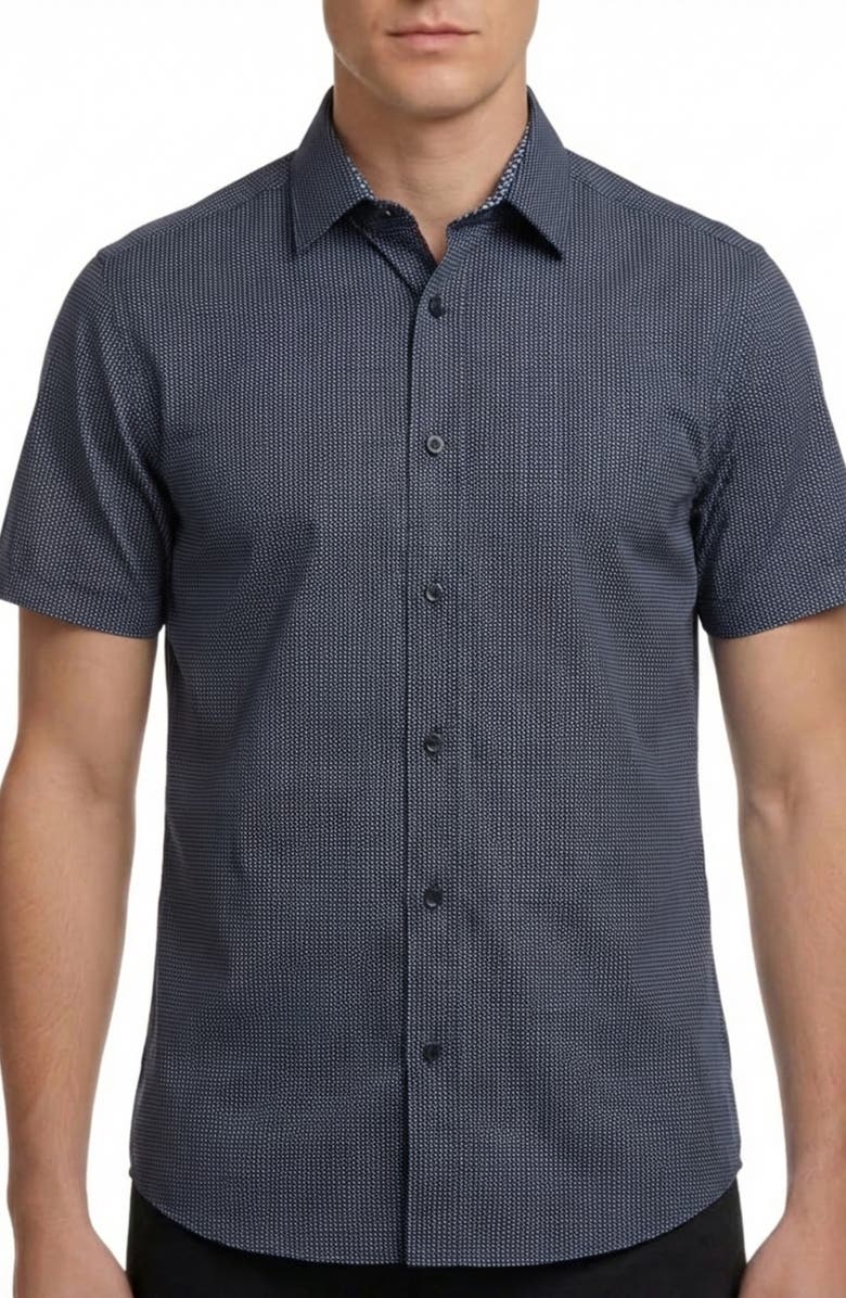 Report Collection Geometric Print 4-Way Stretch Short Sleeve Button-Up Shirt, Main, color, Indigo