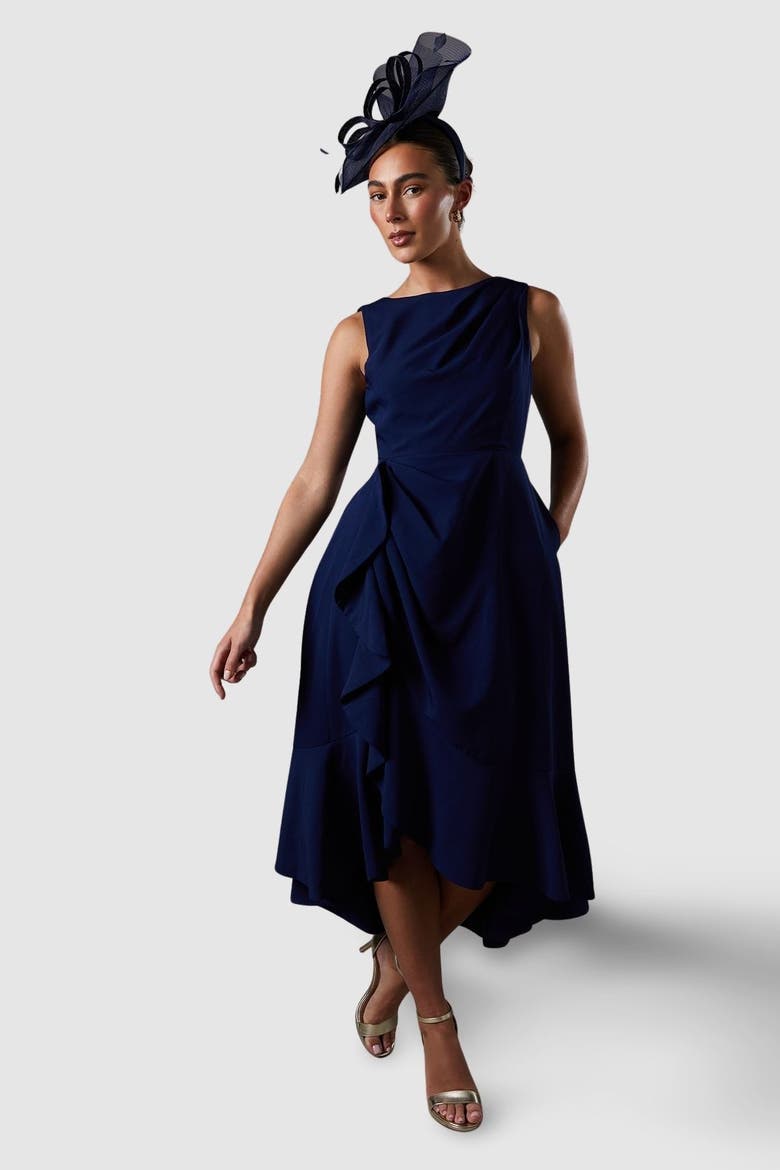 Crepe Low Back Ruffle Dress, Main, color, Navy