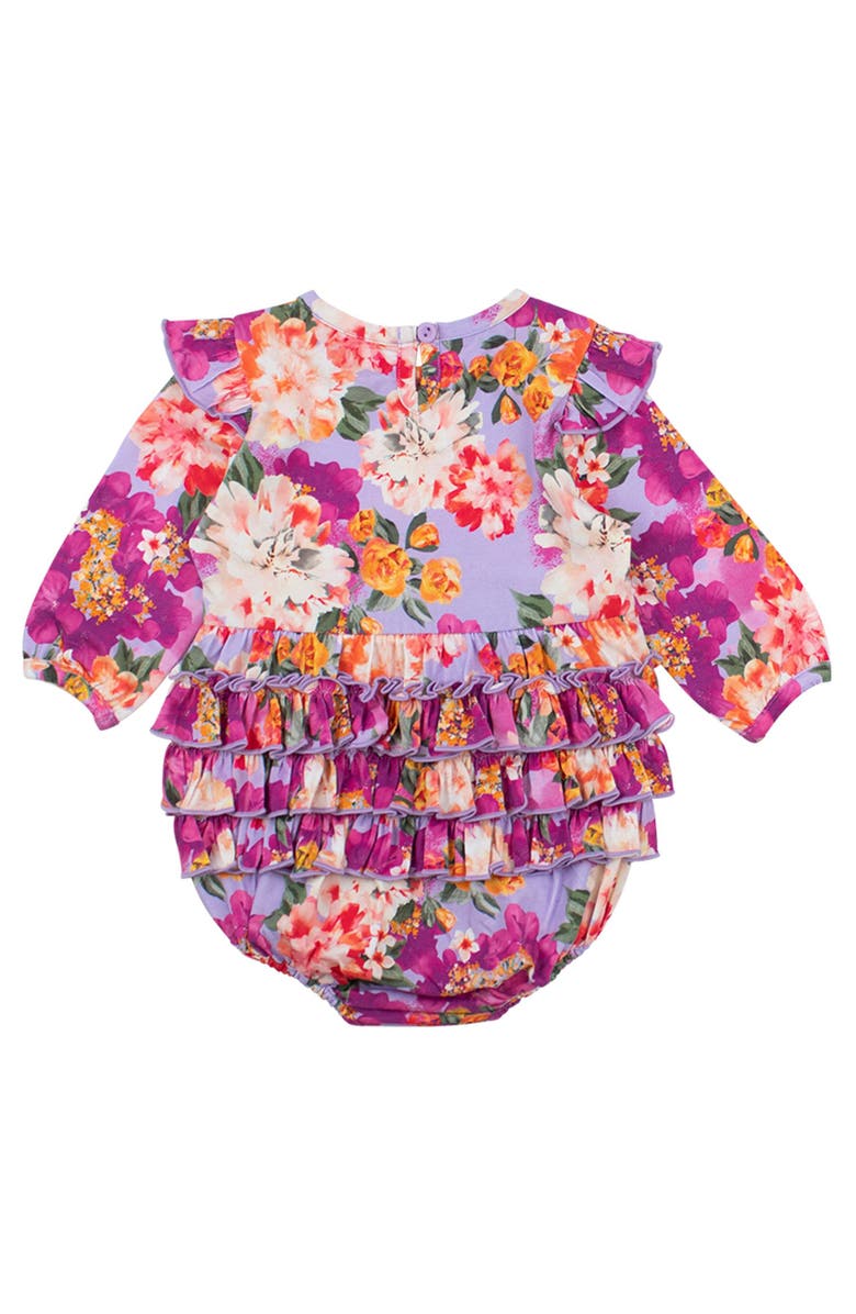 RuffleButts Long Sleeve Flutter Bubble Romper, Alternate, color, Lavender Valley