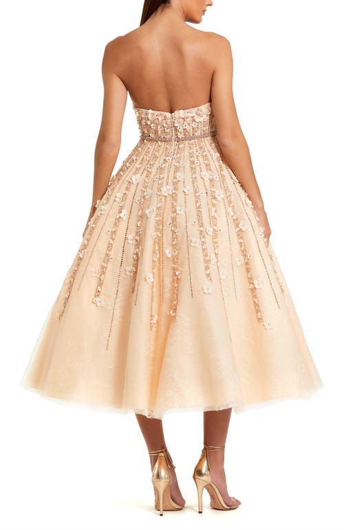 Mac Duggal Embellished Lace Strapless Midi A Line Dress In Champagne