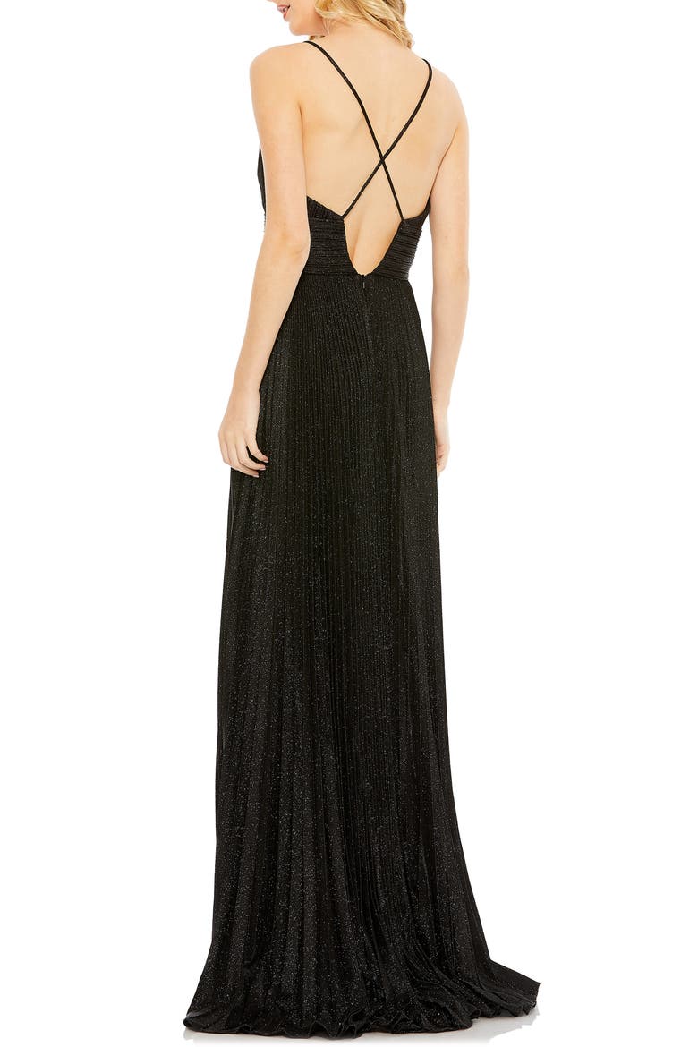 Shimmer Pleated V-Neck Gown, Alternate, color, BLACK