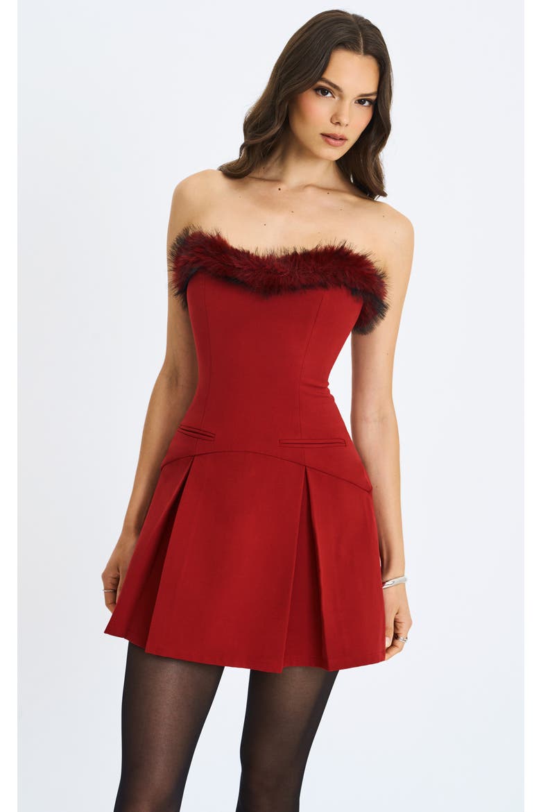 Nalia Faux Fur Trimmed Sweetheart Mini Dress, Main, color, Crimson