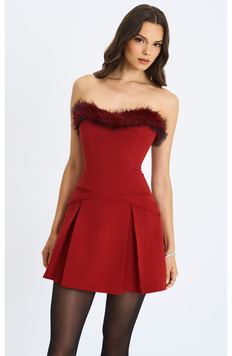 Miss Circle Nalia Faux Fur Trimmed Sweetheart Mini Dress, Main, color, Crimson