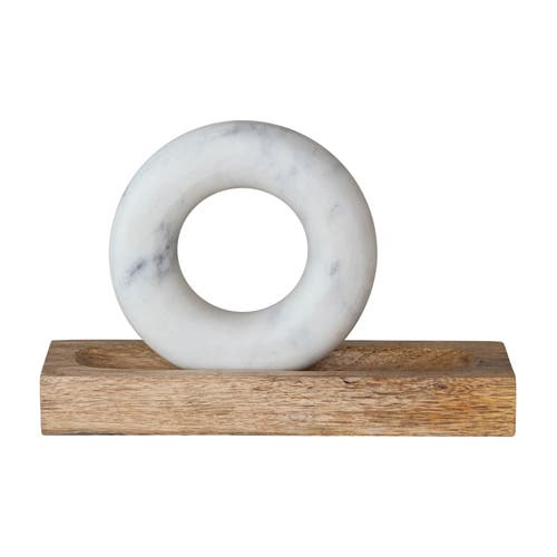 Storied Home Mango Wood Mortar With Marble Ring Shaped Pestle, Natural And White In Brown