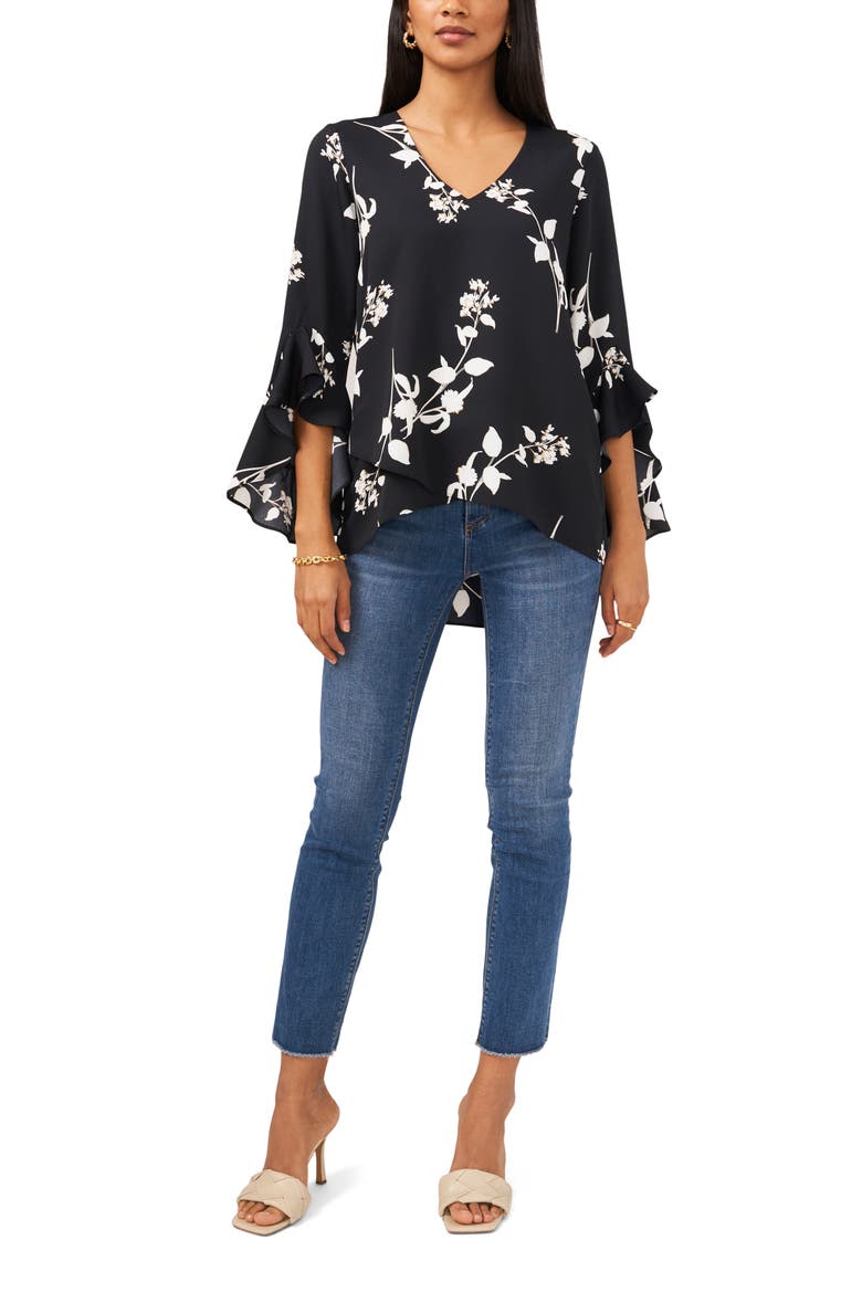 Flutter Sleeve Floral Print Top, Alternate, color, RICH BLACK