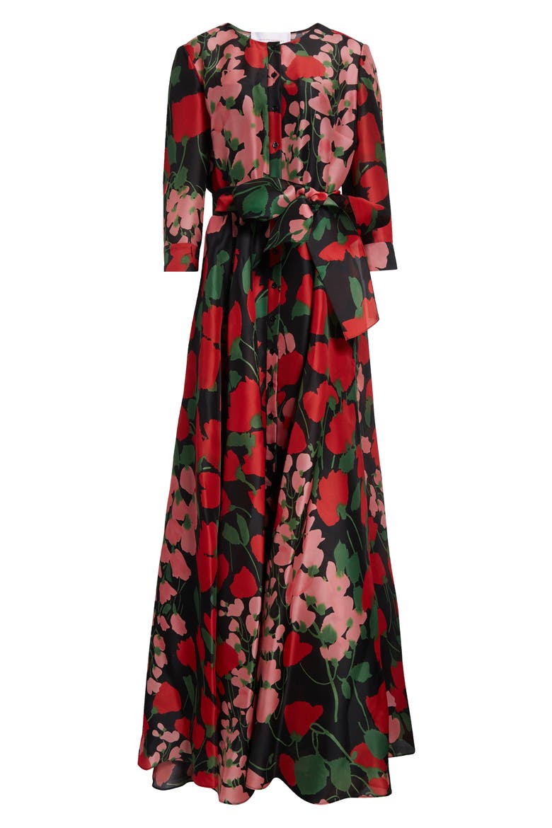 Floral Print Silk Gazar Trench Gown, Alternate, color, BLACK MULTI