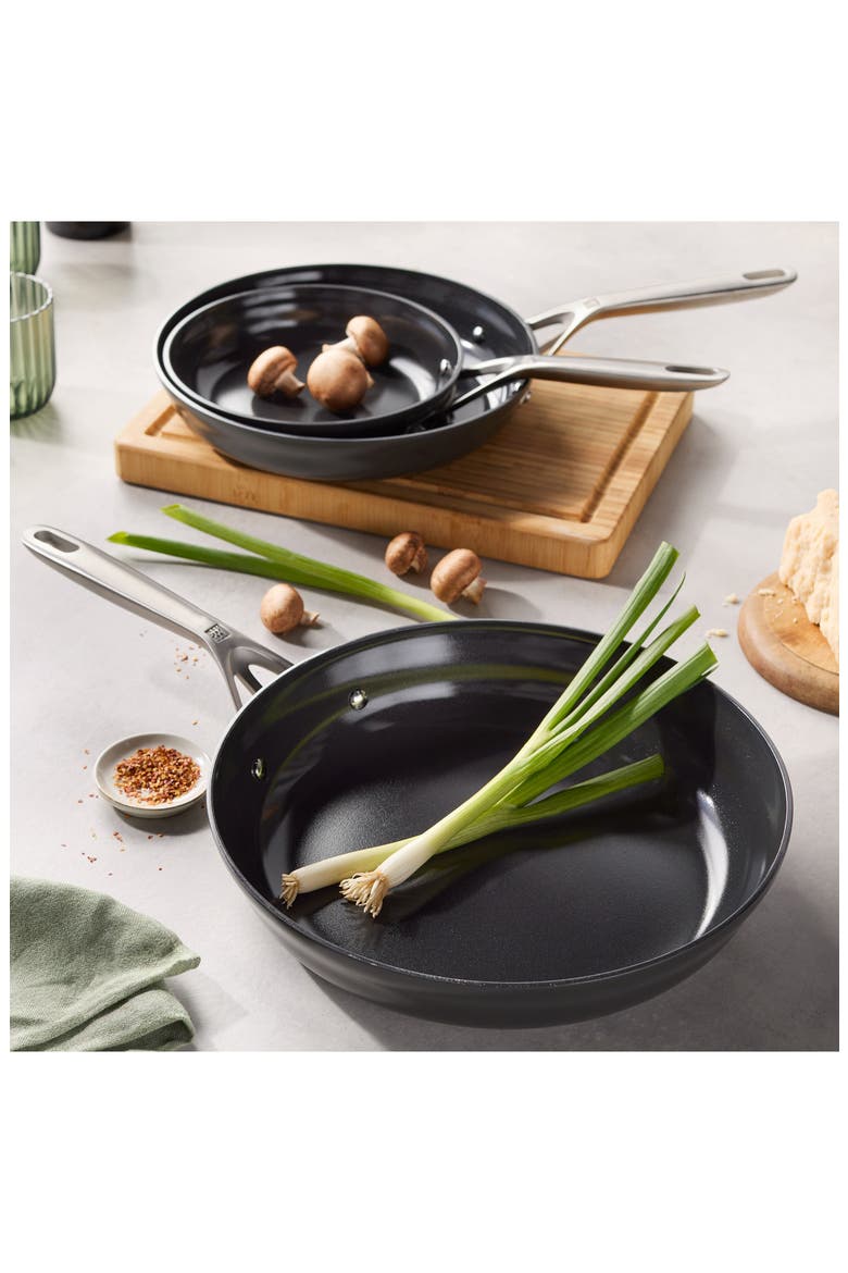 Motion Ceramic 3-Piece Hard Anodized Fry Pan Set, Alternate, color, BLACK