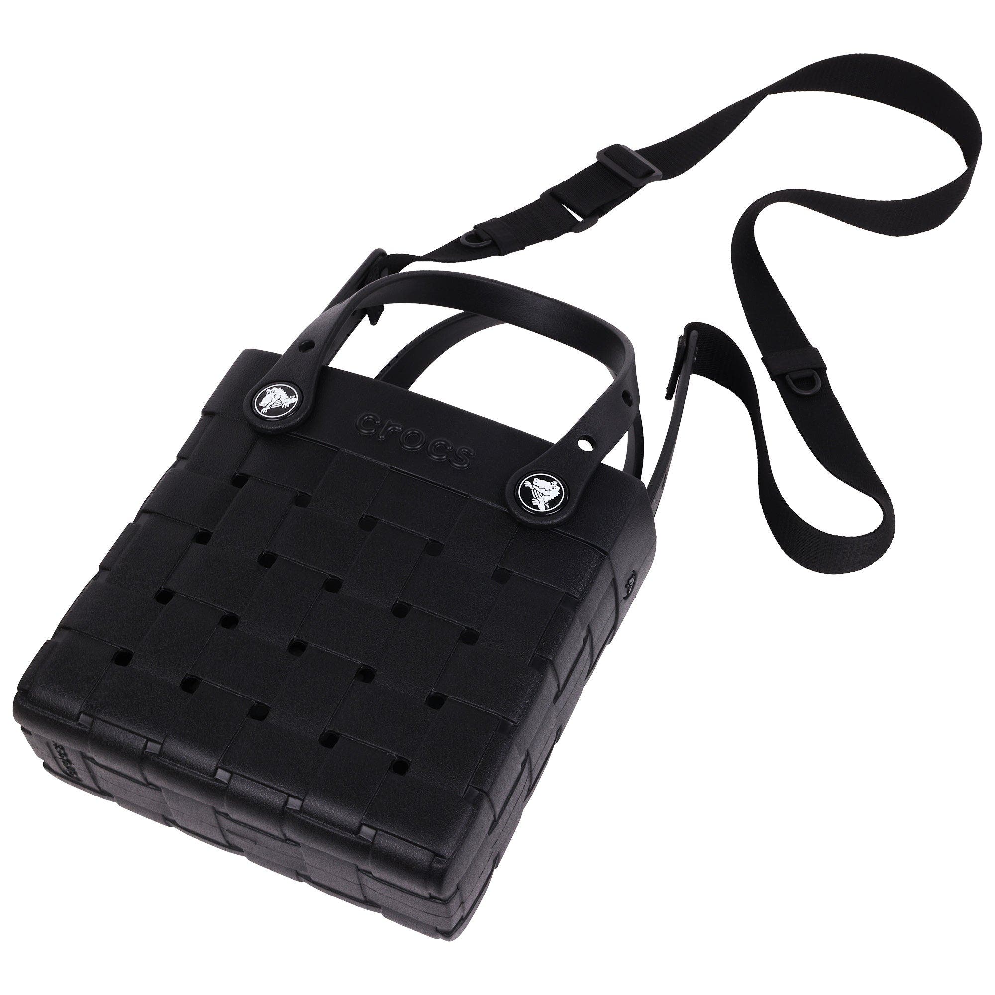 CROCS Small Woven Style Crocssbody Tote with Top Handles and removeable Crocssbody strap, Alternate, color, Black