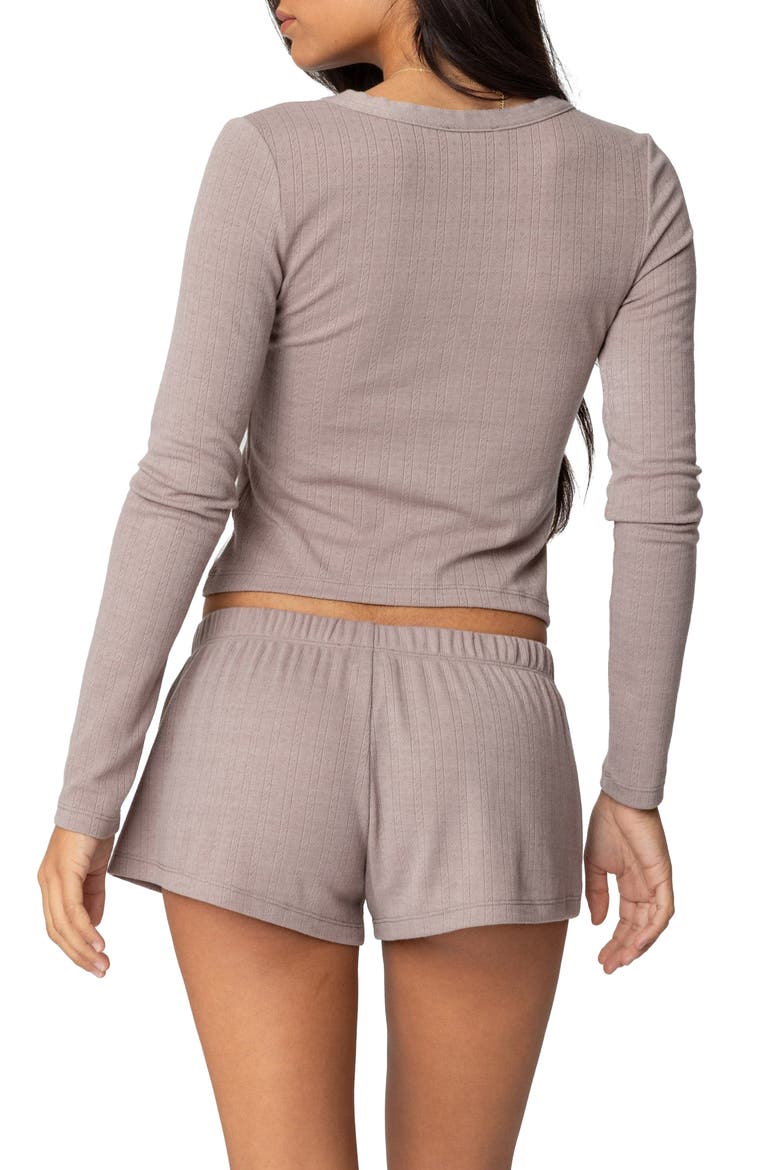 Keely Pointelle Long Sleeve V-Neck Henley Top, Alternate, color, BROWN