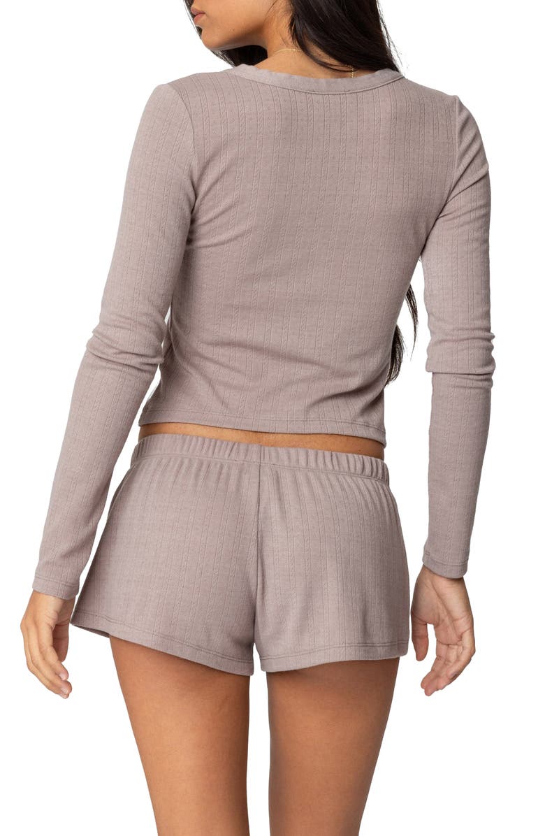 EDIKTED Keely Pointelle Long Sleeve V-Neck Henley Top, Alternate, color, Brown