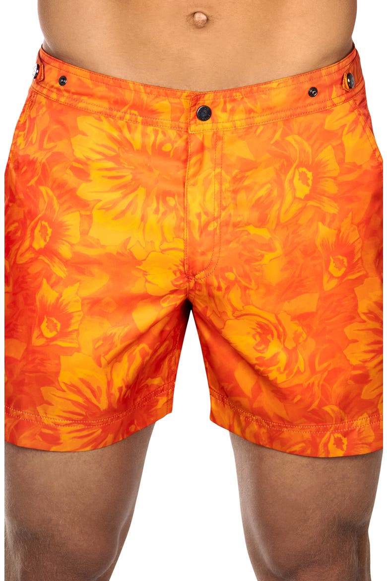 Elvio 5.5" Sunburst Floral Nylon Swim Trunks, Main, color, ORANGE