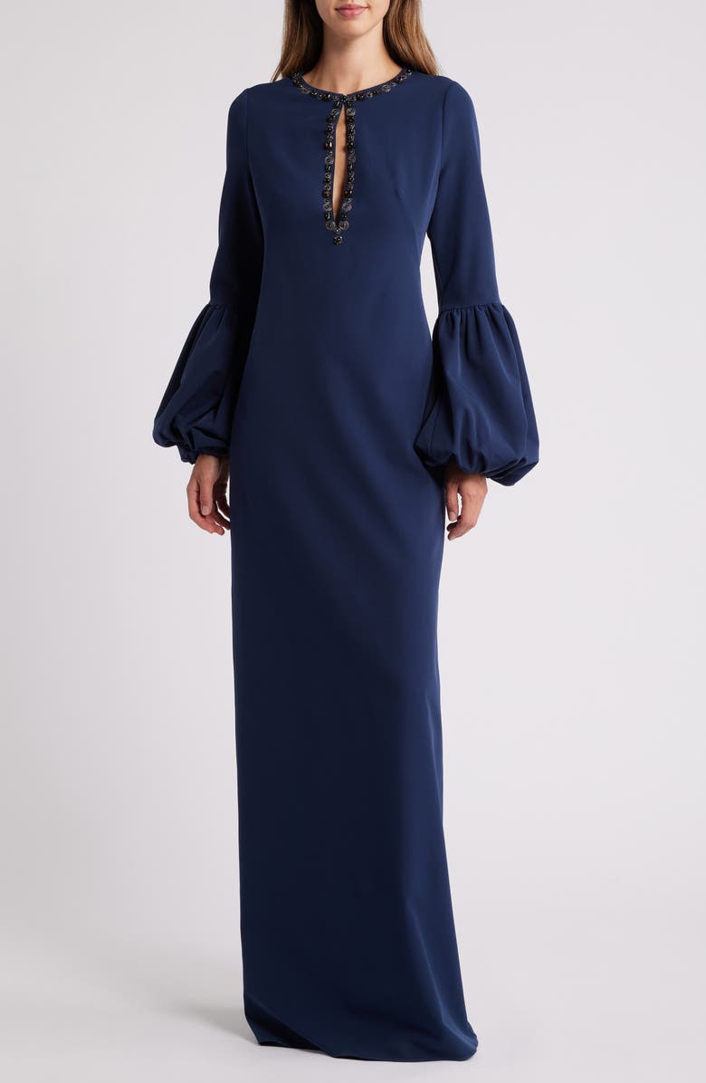 Marchesa Notte Embellished Long Sleeve Crepe Gown, Main, color,