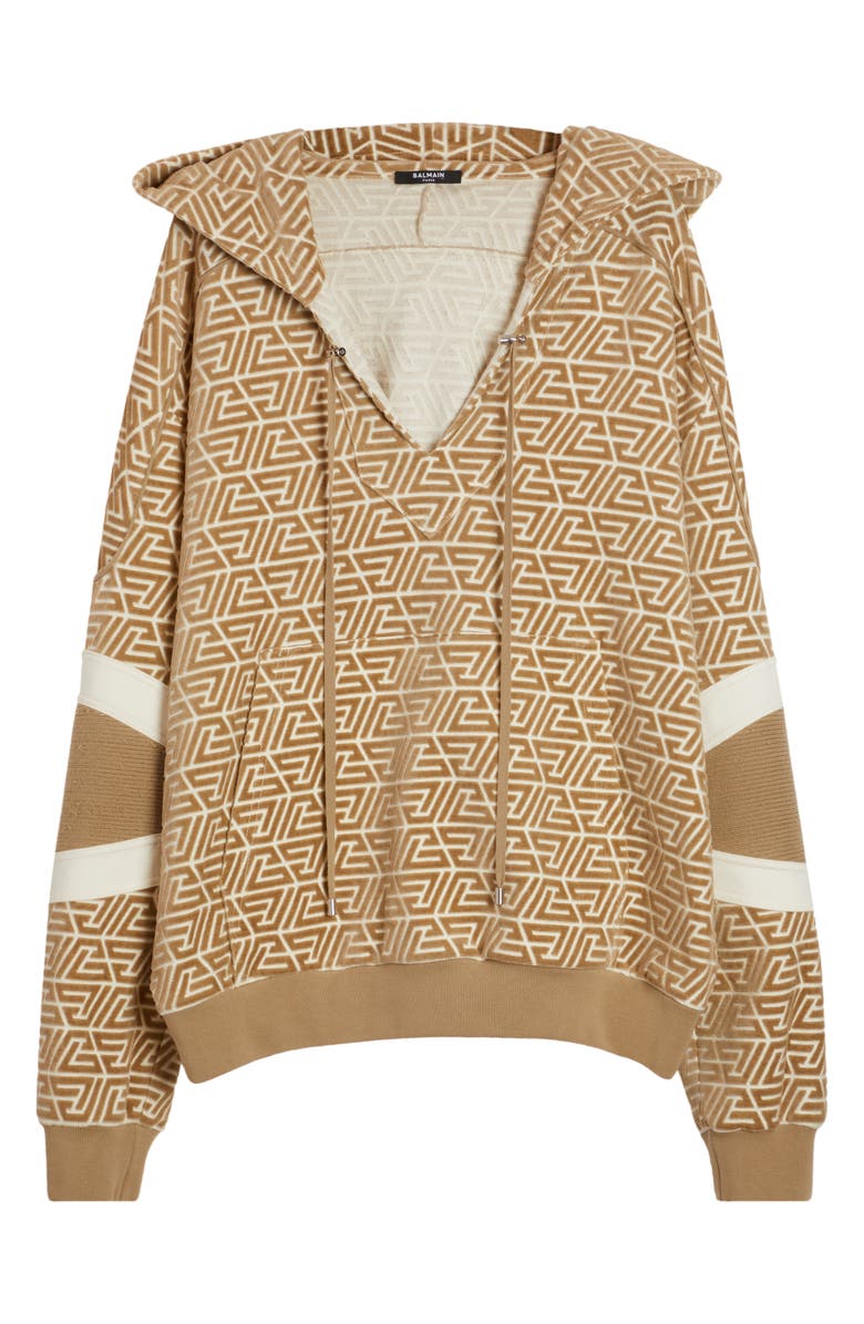 Balmain Pyramid Monogram Mixed Media Hoodie, Alternate, color, 