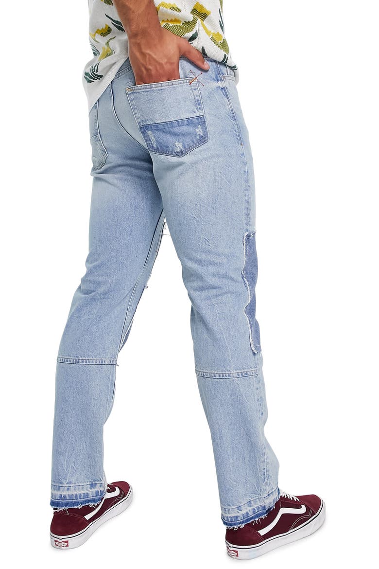 Patchwork Straight Jeans, Alternate, color, MID BLUE