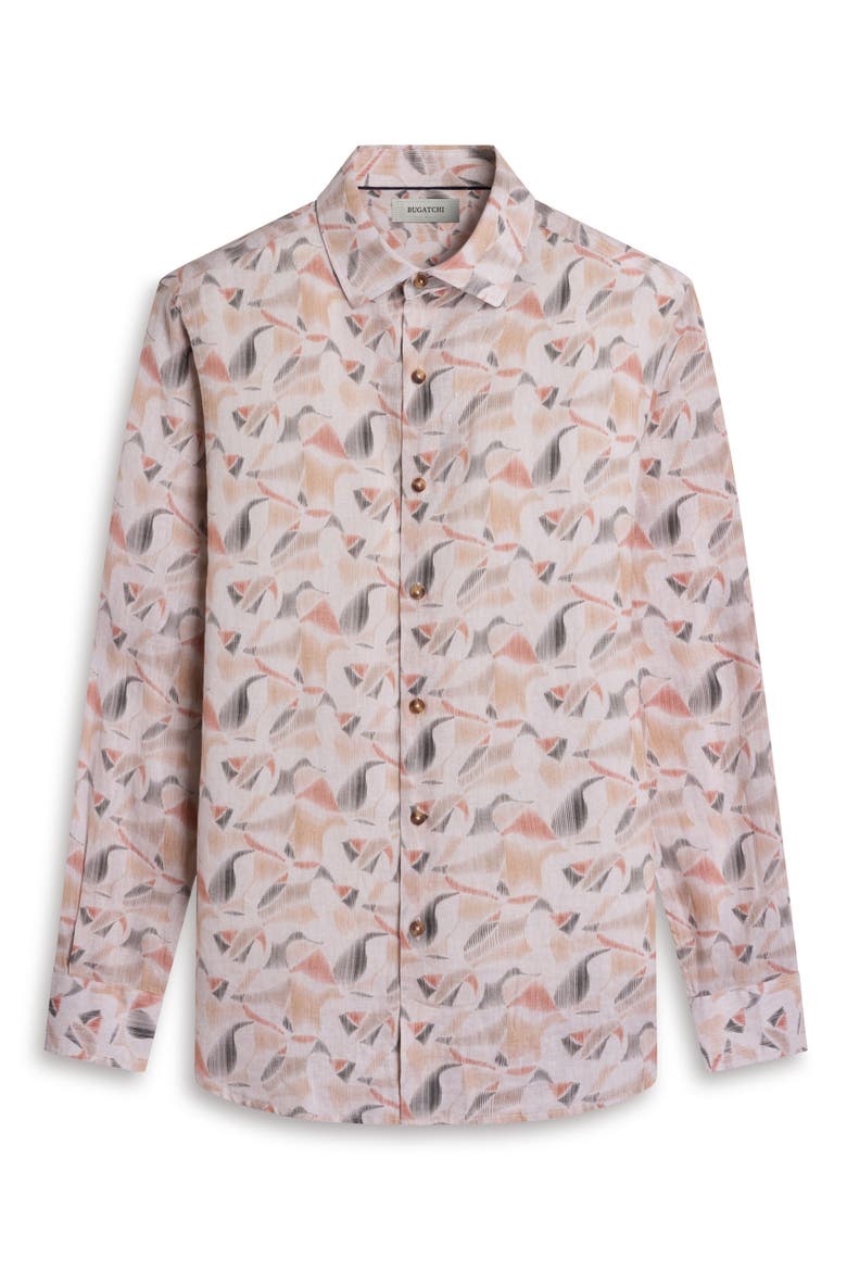 Julian Shaped Fit Abstract Leaf Print Linen Button-Up Shirt, Alternate, color, DESERT