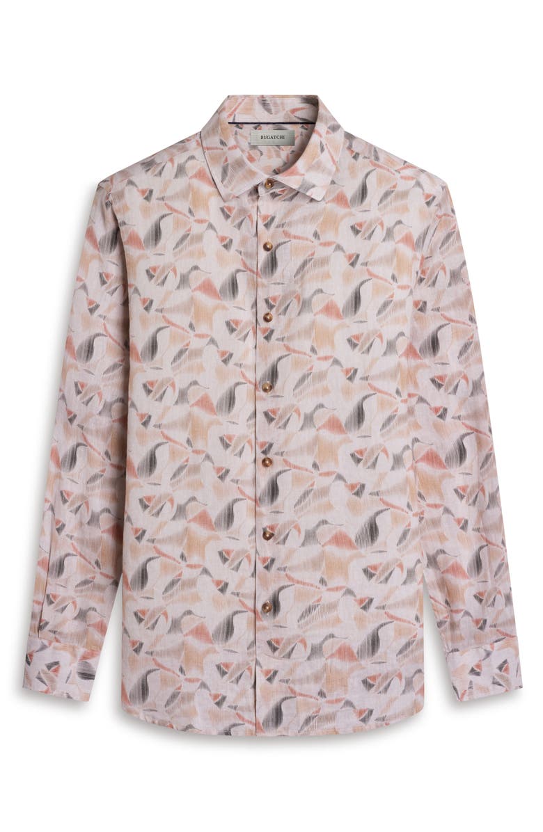 Bugatchi Julian Shaped Fit Abstract Leaf Print Linen Button-Up Shirt, Alternate, color, Desert