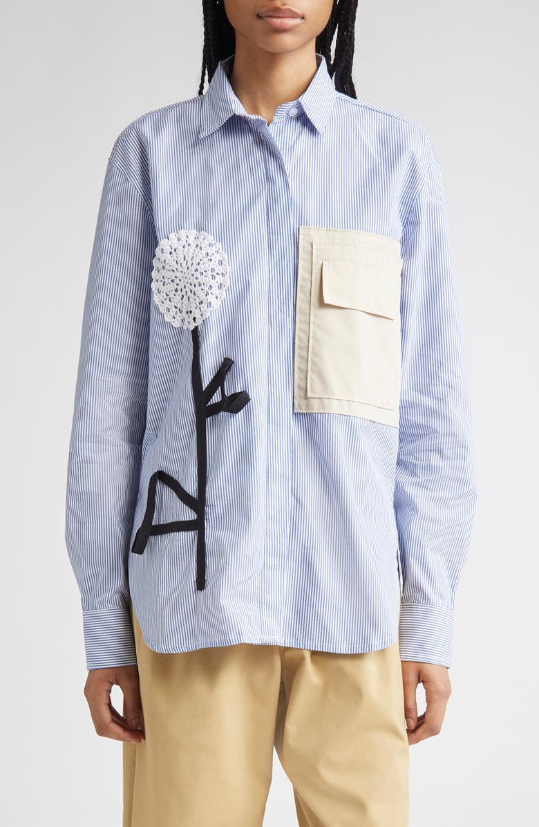 KÚR Crochet Flower Appliqué Stripe Oversize Cotton Button-Up Shirt, Main, color, 