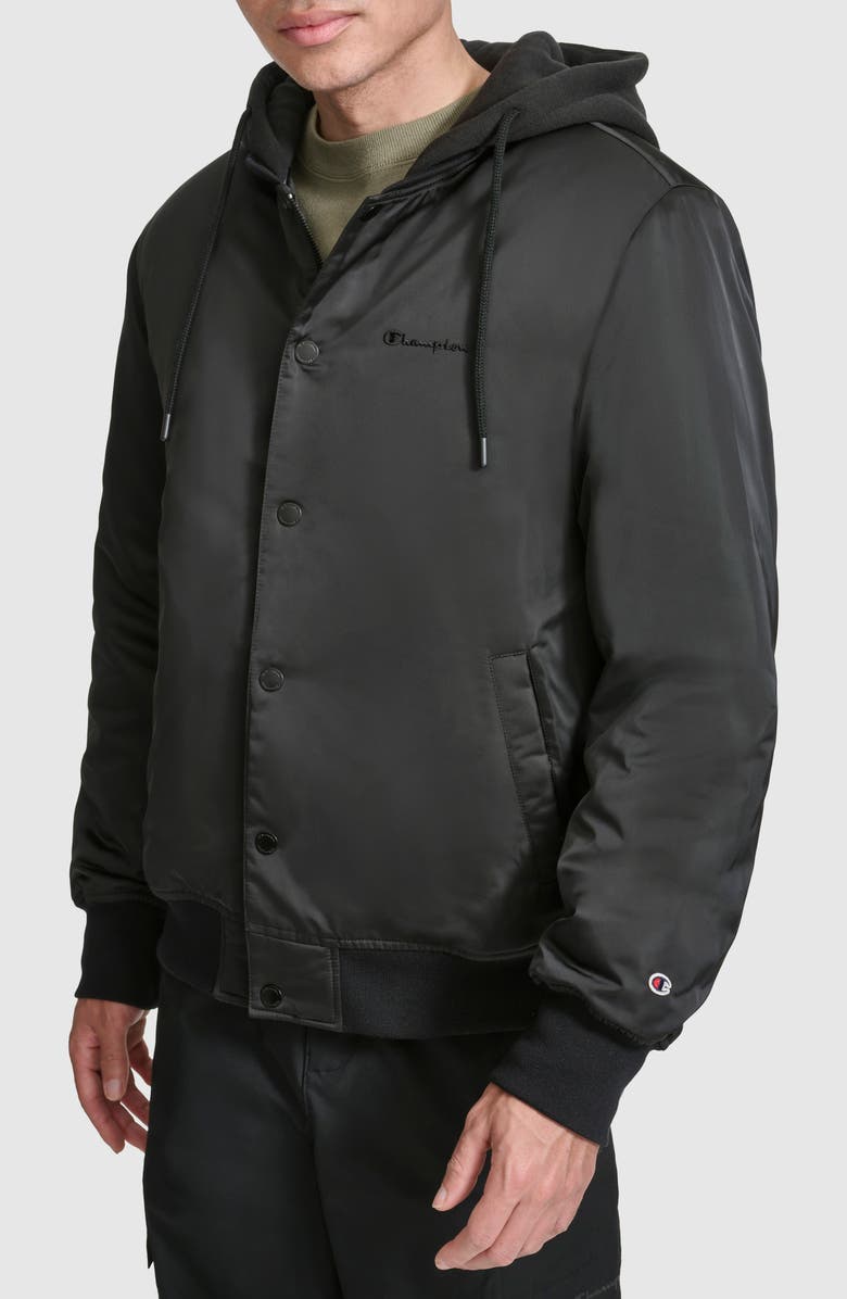 Champion Water Resistant Hooded Bomber Jacket, Alternate, color, Black