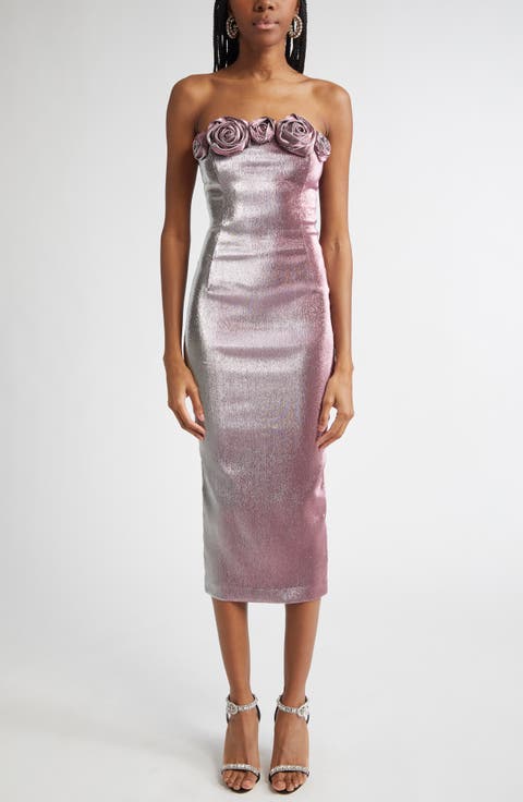 Rosette Metallic Stretch Lamé Strapless Midi Dress