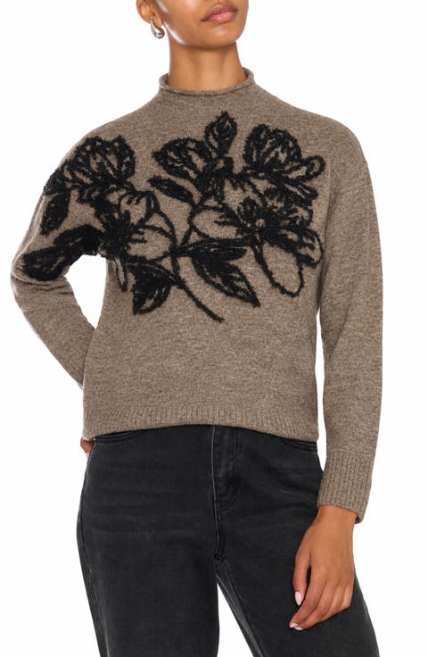 Floral Embroidered Mock Neck Sweater