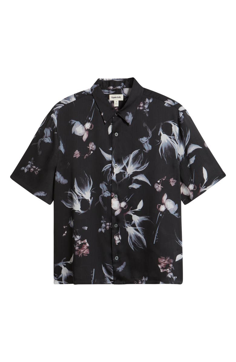 Open Edit Oversize Floral Short Sleeve Silk Button-Up Shirt, Alternate, color, Black Incandescent Floral