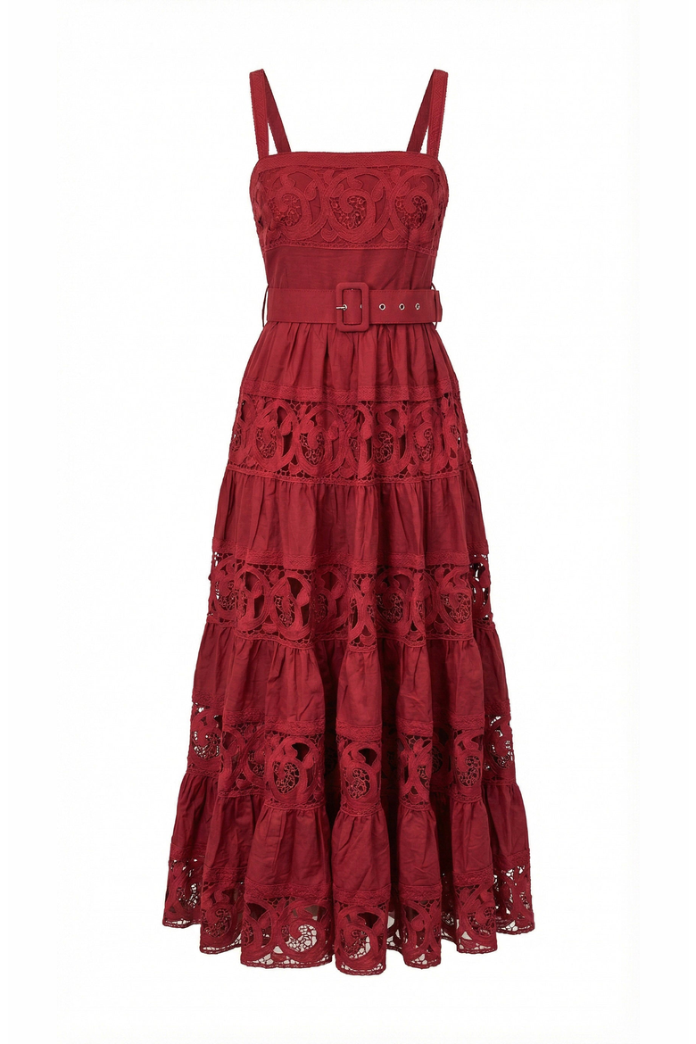 Belted Tiered Lace Midi Dress, Alternate, color, Burgundy