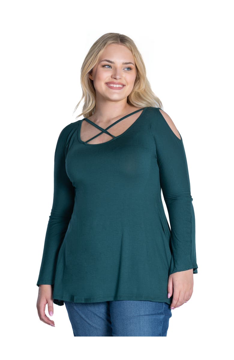 24seven Comfort Apparel Long Sleeve Criss Cross Cold Shoulder Top, Alternate, color, Hunter