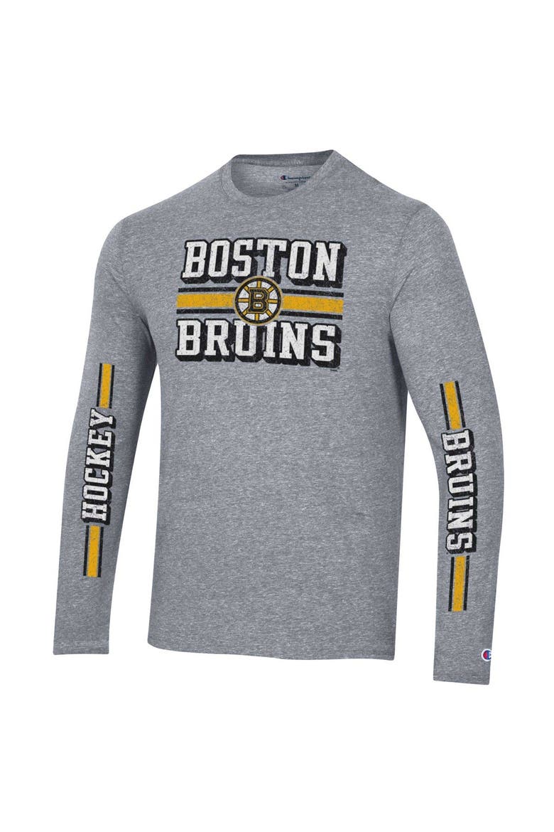 Men's Champion Heather Gray Boston Bruins Tri-Blend Dual-Stripe Long Sleeve T-Shirt, Alternate, color, Heather Gray