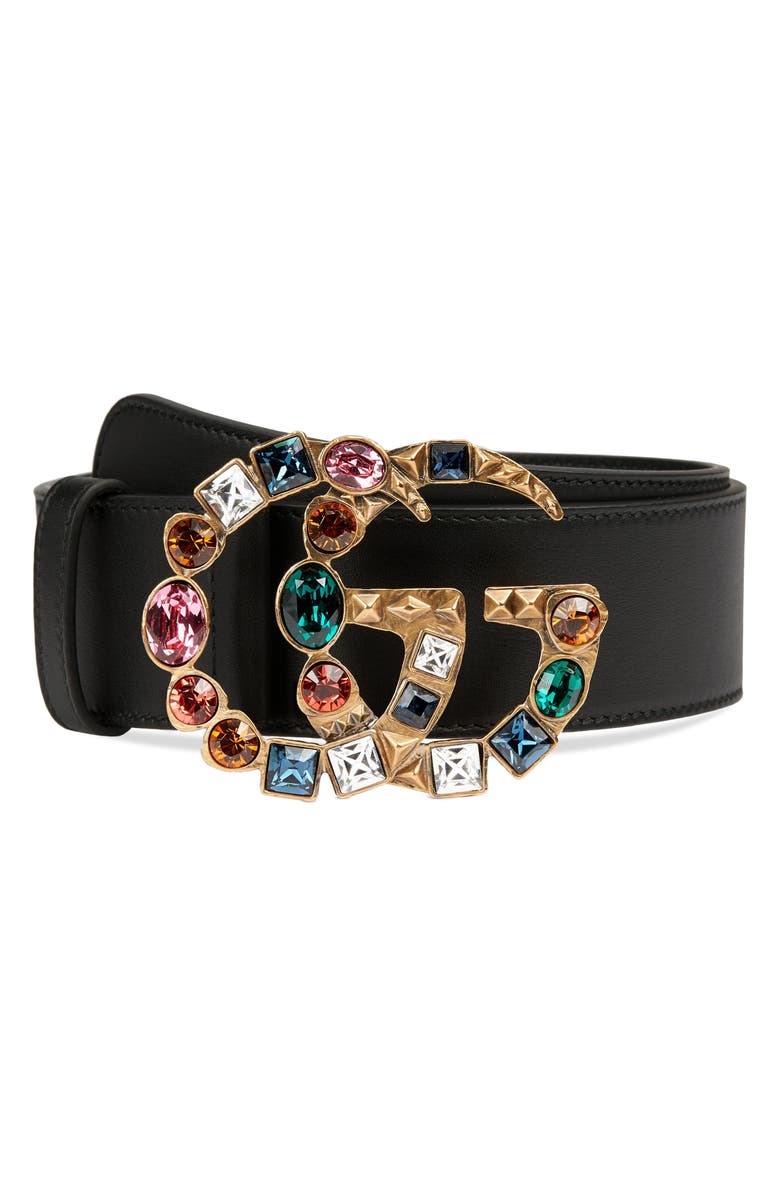 Gucci GG Crystal Buckle Leather Belt, Main, color, 