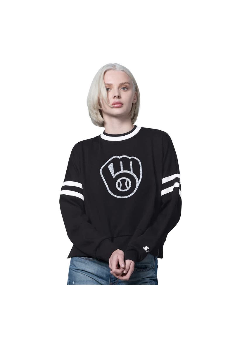 Women's Starter Black Milwaukee Brewers Rally Cropped Drop Shoulder Crewneck Sweatshirt, Main, color, Black