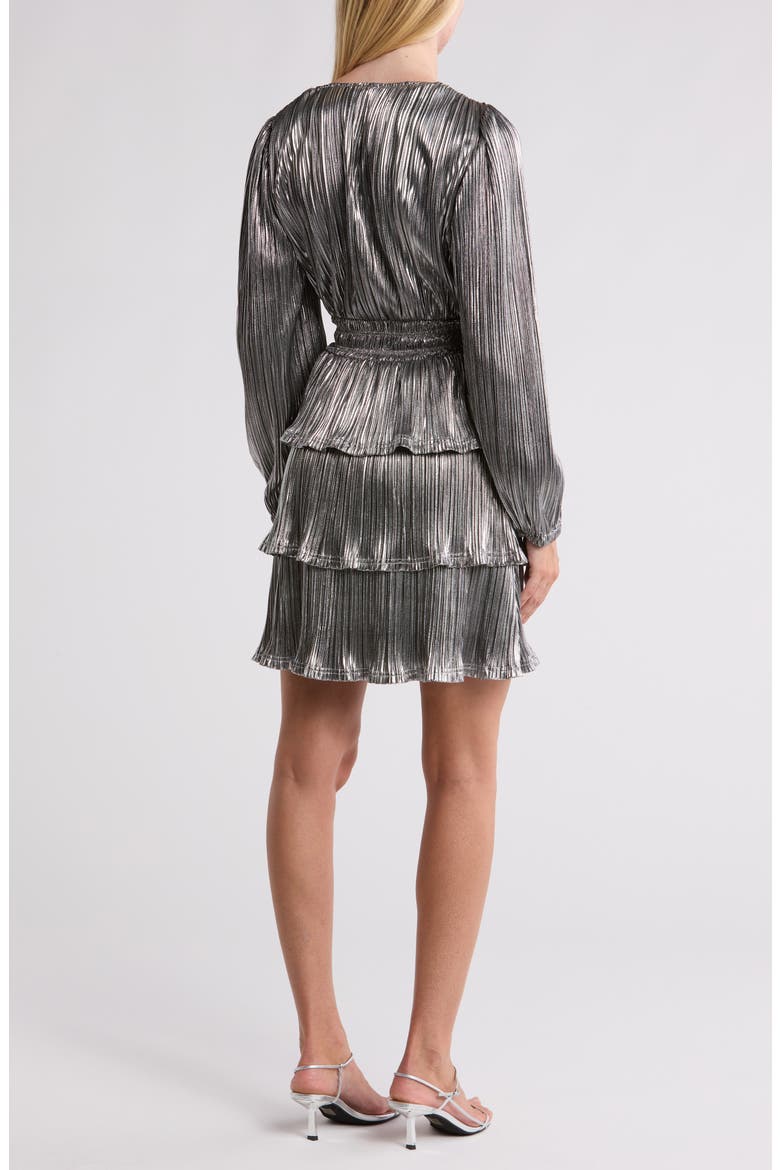 Metallic Long Sleeve Ruffle Plissé Dress, Alternate, color, SILVER