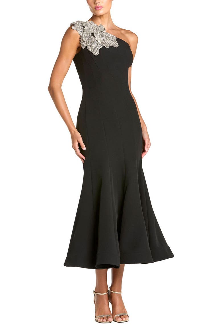 Petite Crepe One Shoulder Mermaid Midi Dress With Flower, Main, color, Black