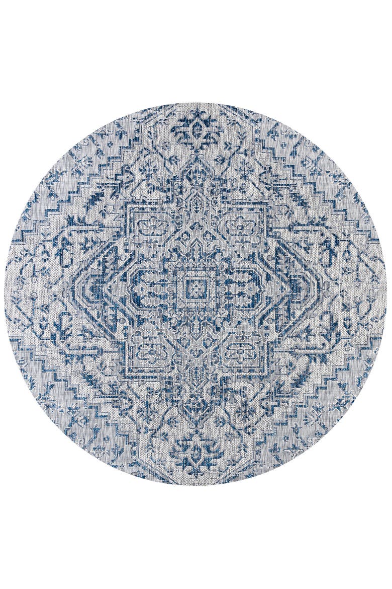 Estrella Bohemian Medallion Textured Weave Indoor/Outdoor Round Area Rug, Alternate, color, Navy/Gray