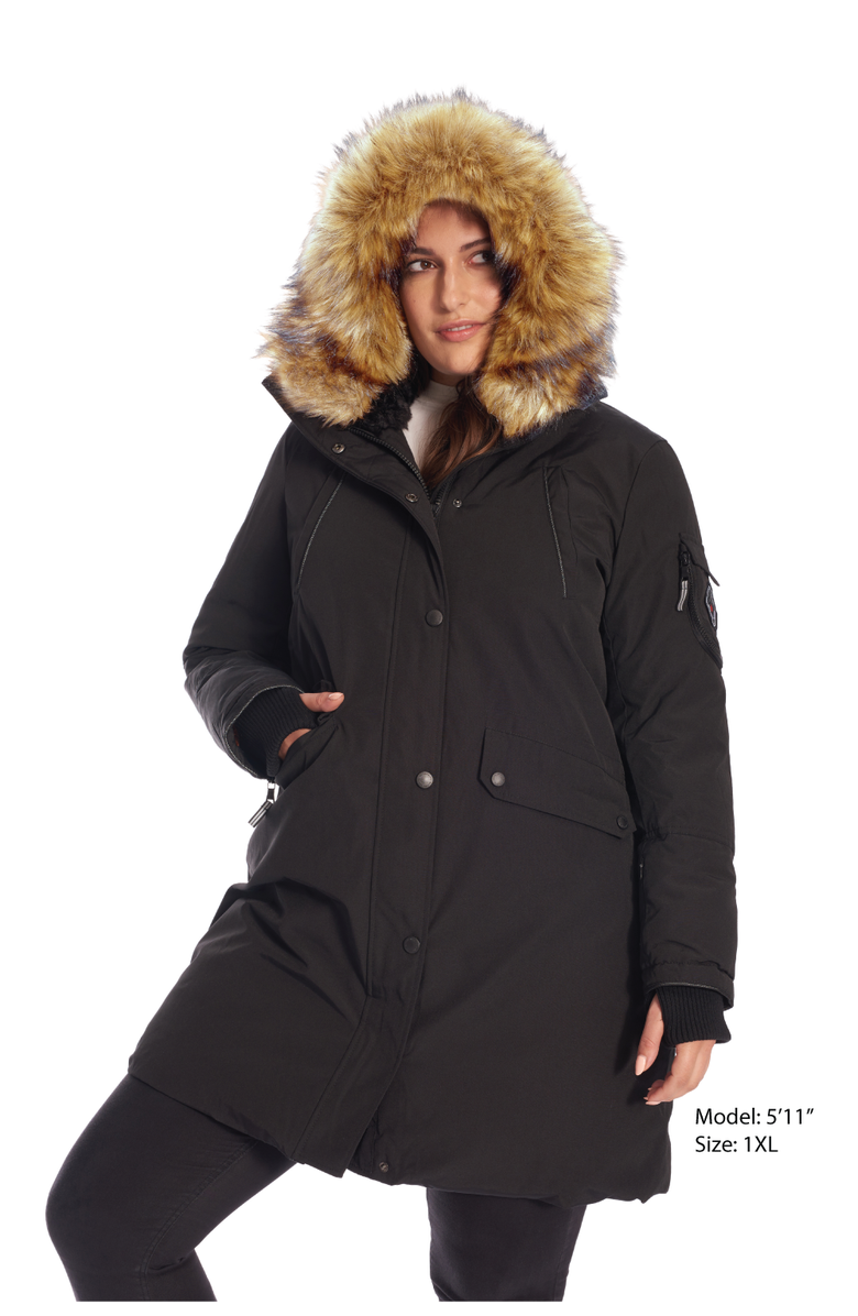Alpine North LAURENTIAN PLUS SIZE - Vegan Down Long Parka Winter with Faux Fur Hood, Alternate, color, Black