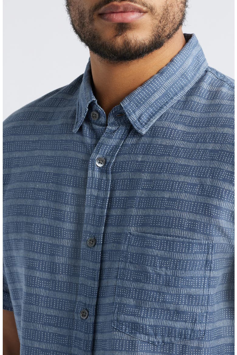 Carson Stripe Short Sleeve Stretch Linen Blend Button-Up Shirt, Alternate, color, HOMESPUN BORDER BLUE