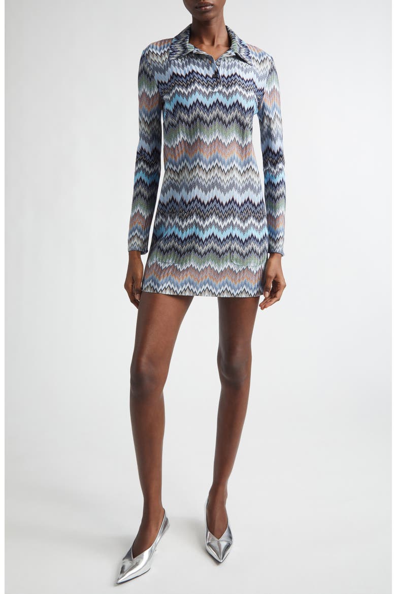 Snakeskin Pattern Chevron Long Sleeve Polo Minidress, Main, color, MULTI BLUE TONES