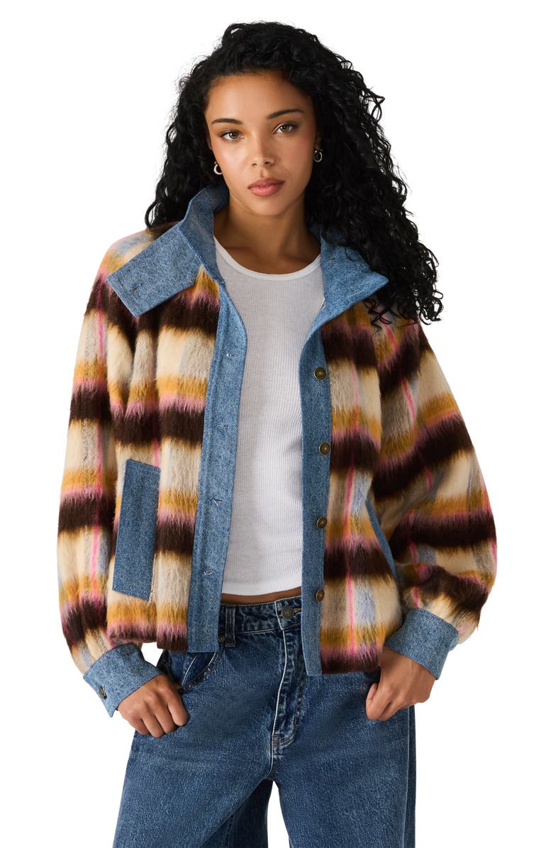 Steve Madden Kaylen Denim Trim Stripe Wool Blend Jacket, Alternate, color, Forever Blue