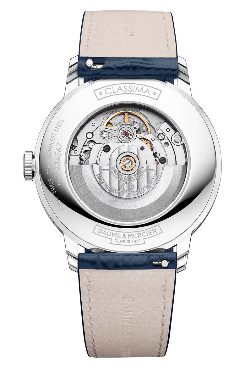 Classima Automatic Leather Strap Watch, 40mm, Alternate, color, BLUE