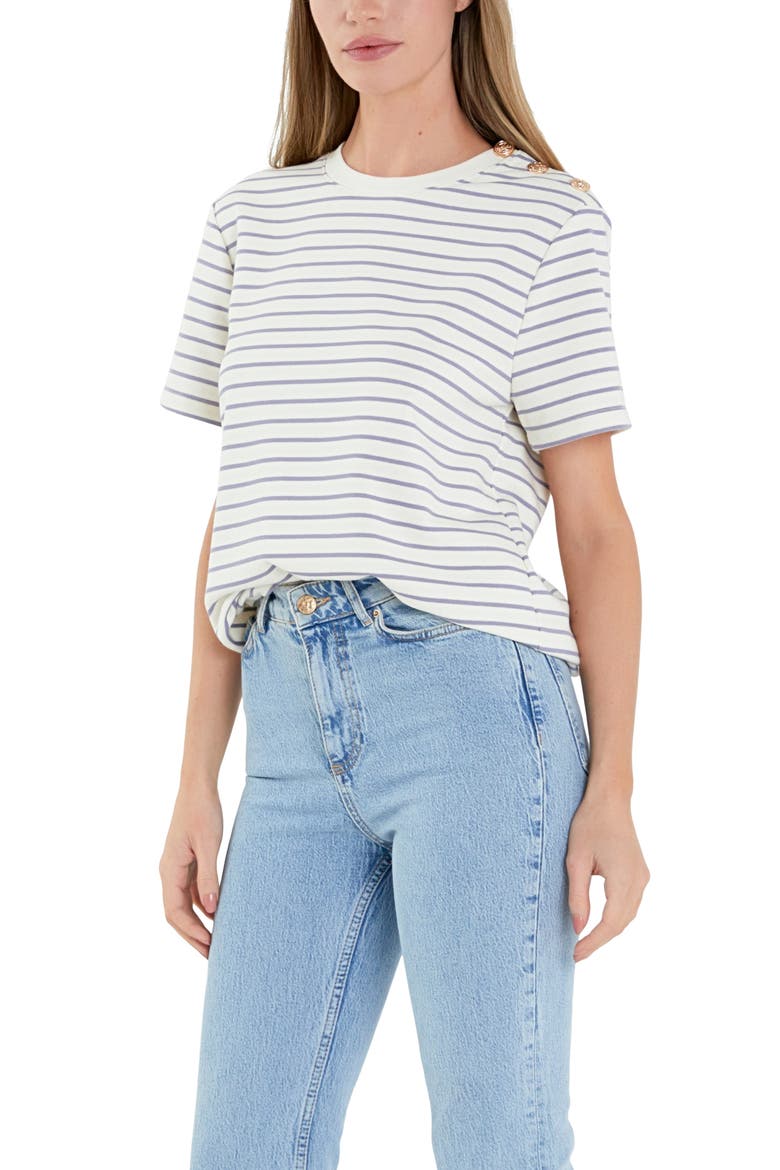 Button Stripe Jersey T-Shirt, Alternate, color, CREAM/ PURPLE