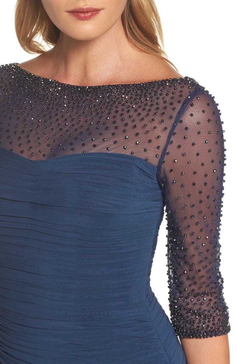 La Femme Embellished Mesh Ruched Jersey Gown, Alternate, color,