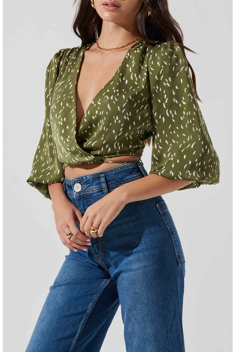 Wrap Front Cutout Top, Alternate, color, GREEN FLECKS