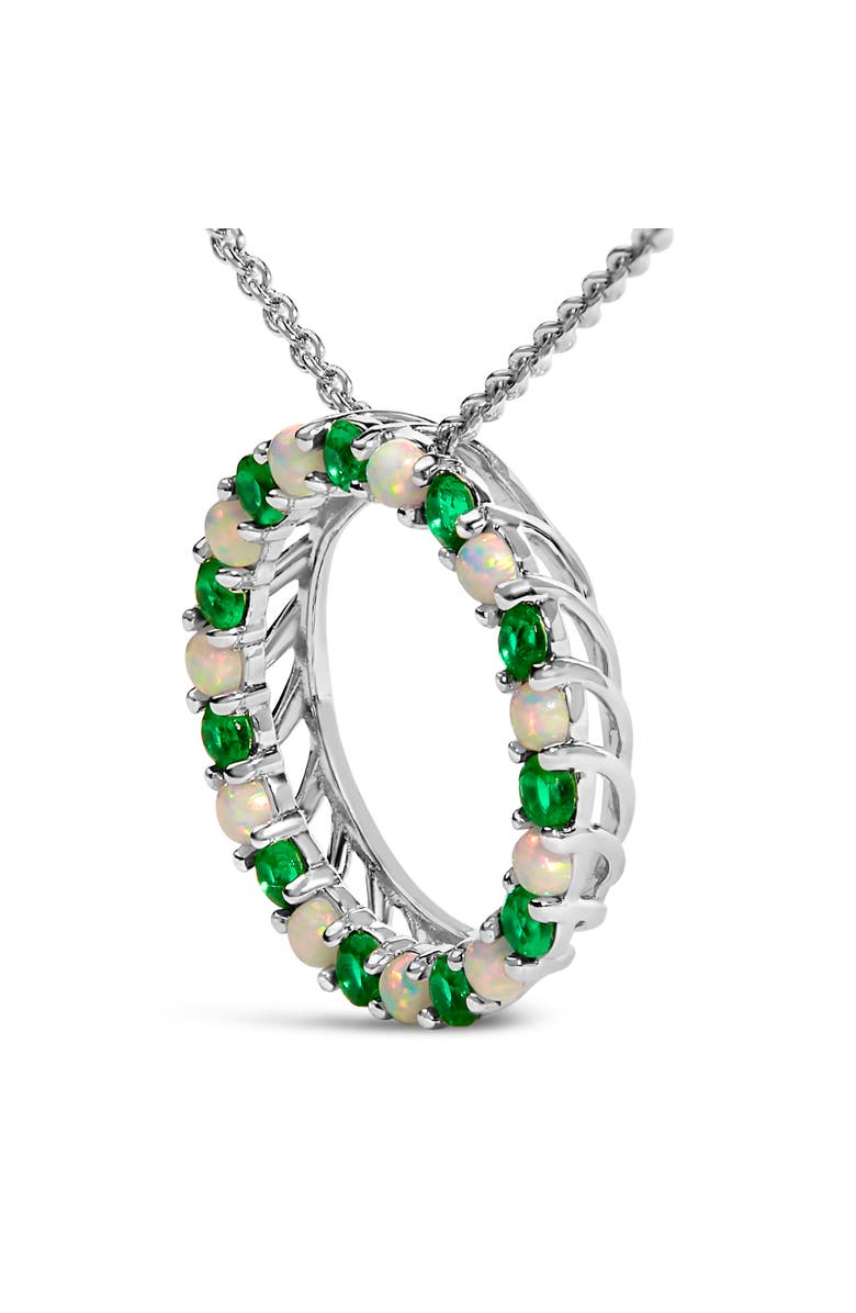Haus of Brilliance Silver Alternating Created Green Emerald and Opal Circle Pendant Necklace, Alternate, color, White