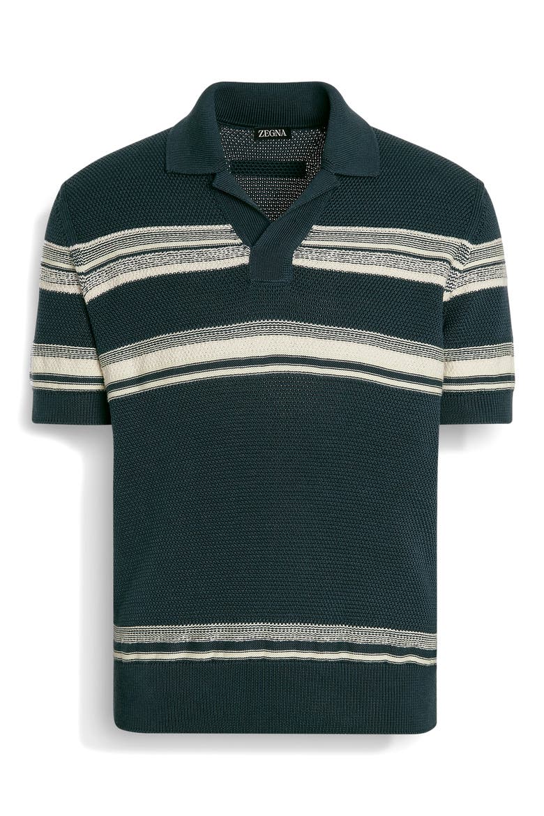 Stripe Cotton & Silk Polo Sweater, Main, color, DARK GREEN STIRPE