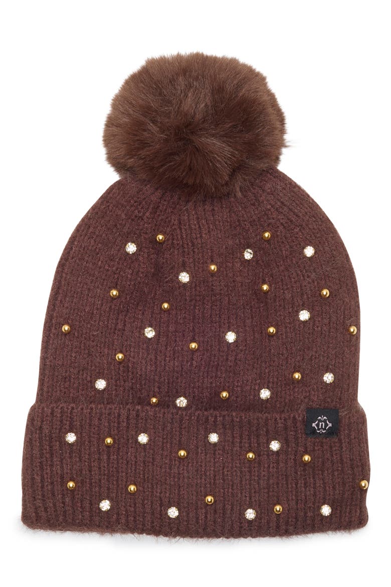 Bead & Crystal Pom Beanie, Main, color, CHOCOLATE