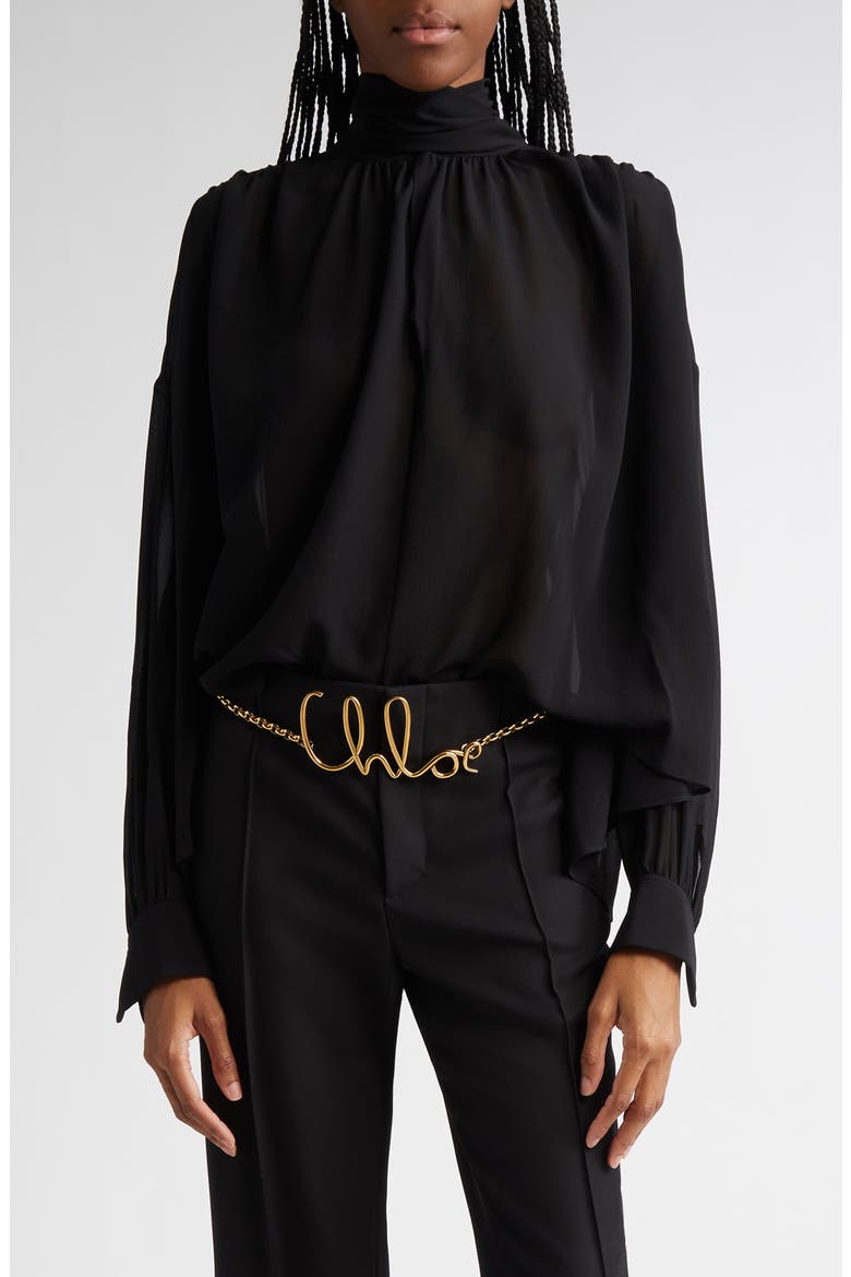 Draped Semisheer Silk Georgette Tie Neck Top, Main, color, BLACK