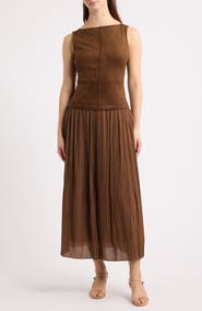 MOON RIVER Sleeveless Faux Suede Mixed Media Midi Dress