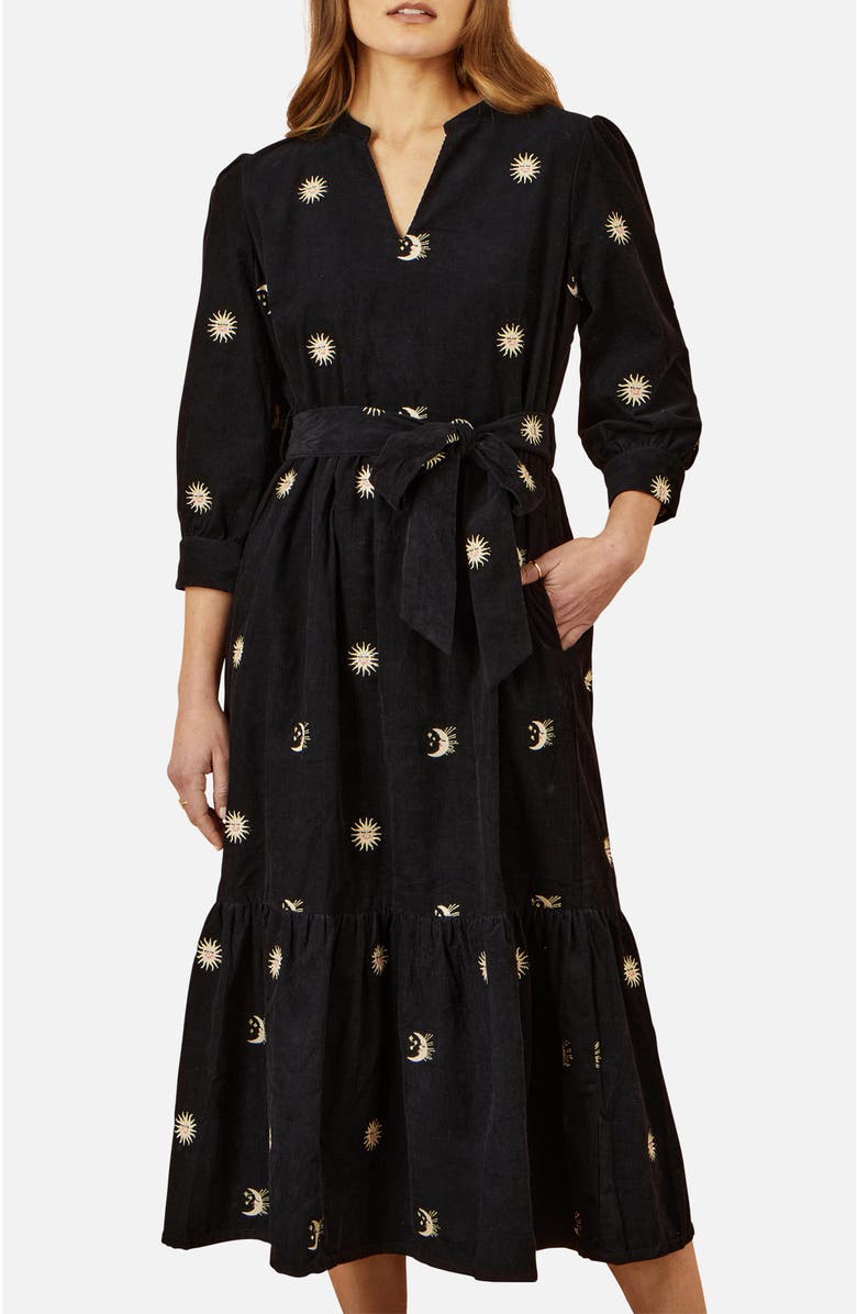 Yumi Cosmic Embroidery Cord Midi Shirt Dress, Alternate, color, Black